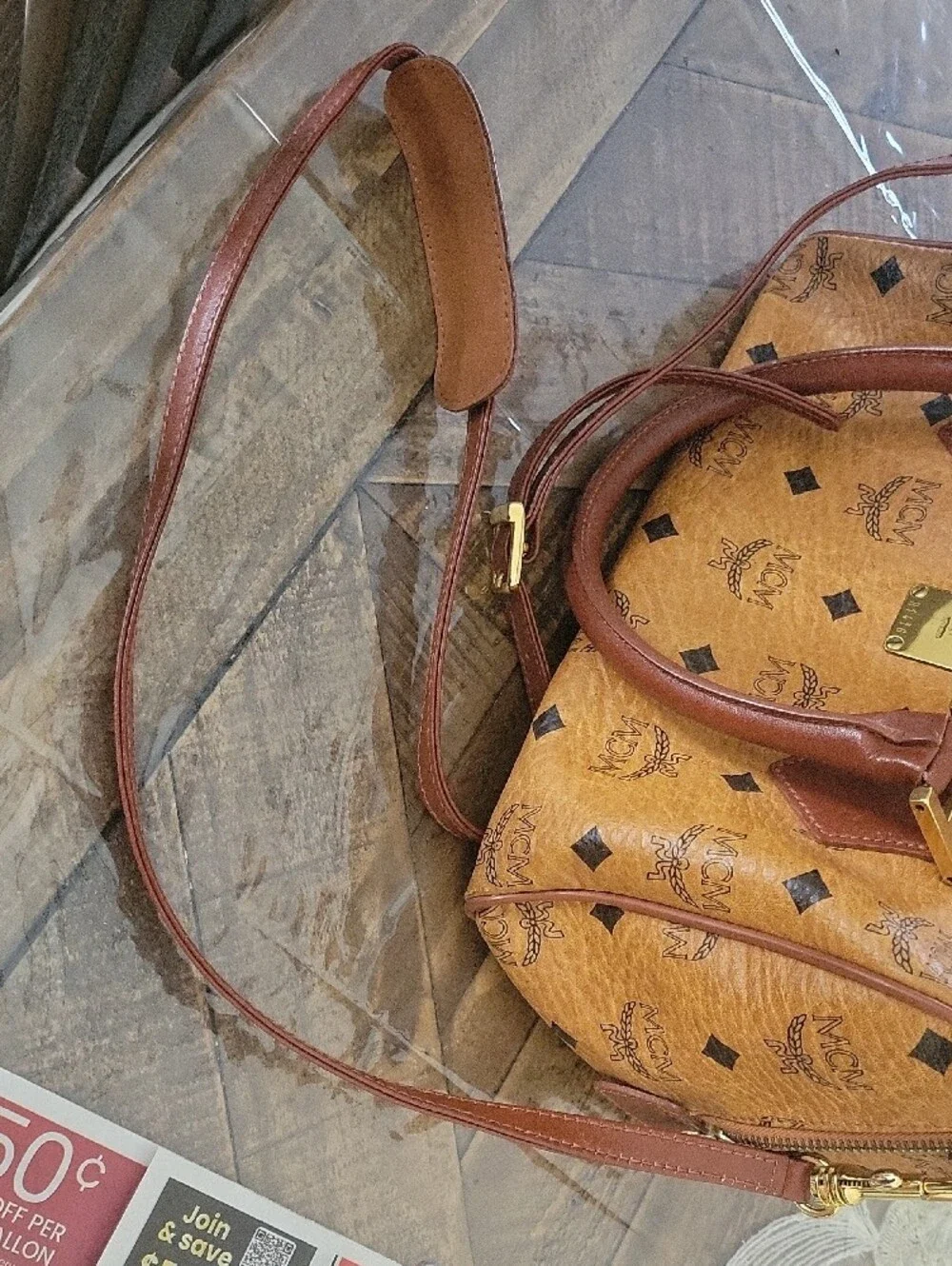 MCM Cognac Visetos Boston Satchel with Brown Accents